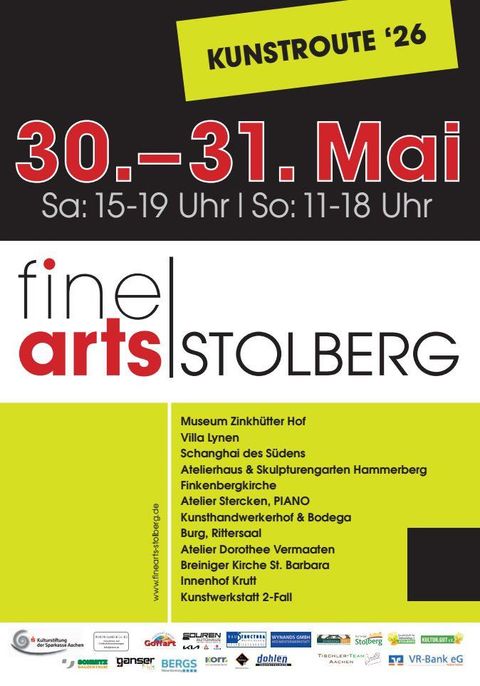 Ein Veranstaltungsplakat für die Kunstroute '26 in Stolberg. Die Ausstellung findet am 30. und 31. Mai statt und zeigt verschiedene Kunstorte und Aktivitäten.
