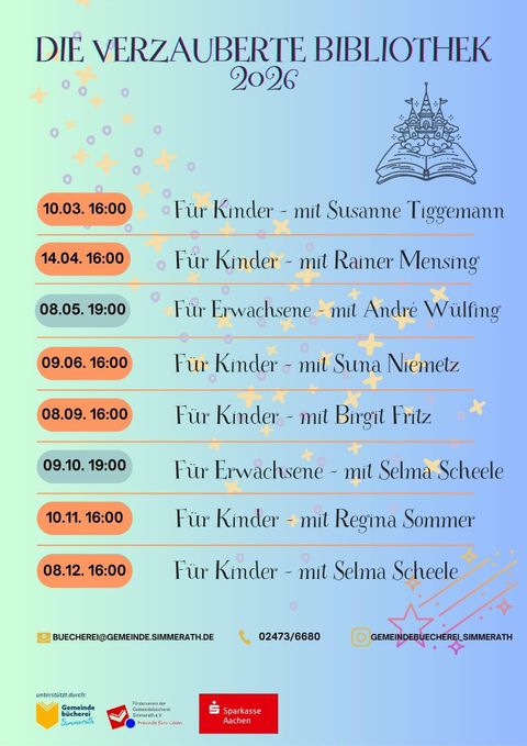 Ein Veranstaltungsplakat für "Die verzauberte Bibliothek 2026". Es zeigt Daten und Programme für Kinder und Erwachsene, einschließlich der Namen der Referenten.