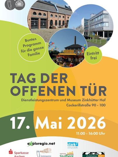 Ein Plakat für den Tag der offenen Tür im Dienstleistungszentrum und Museum Zinkhütter Hof. Das Event findet am 17. Mai 2026 statt und bietet ein buntes Programm für die ganze Familie.