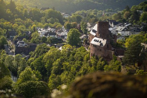 Eine malerische Landschaft mit einer mittelalterlichen Burg und umliegenden Häusern. Die grüne Natur und die sanften Hügel schaffen eine ruhige Atmosphäre.