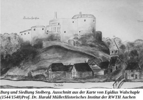 Eine alte Burg auf einem Hügel, umgeben von einfachen Gebäuden. Die Zeichnung stammt von Egidius Walschaple aus dem Jahr 1544 oder 1548.