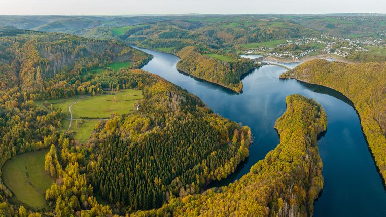 Herbstliche Vogelperspektive auf den Nationalpark und Rursee