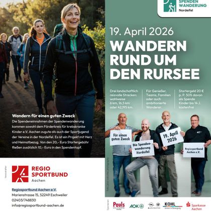 Eine Gruppe von Menschen wandert fröhlich um einen See. Das Event findet am 19. April 2026 statt und dient einem guten Zweck.