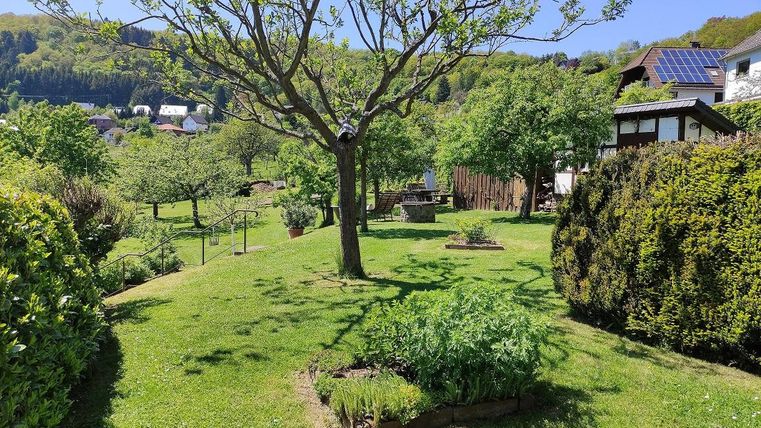 Ein schöner Garten mit einem großen Baum und grünen Rasenflächen. Im Hintergrund sind Häuser und sanfte Hügel zu sehen.