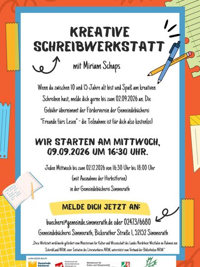 A colorful poster for a creative writing workshop with Miriam Schaps. The workshop is aimed at children aged 10 to 15 and starts on 09.09.2026.