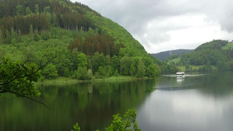 Ein ruhiger See umgeben von grünen Hügeln und Bäumen. Im Hintergrund ist ein kleines Boot auf dem Wasser sichtbar.