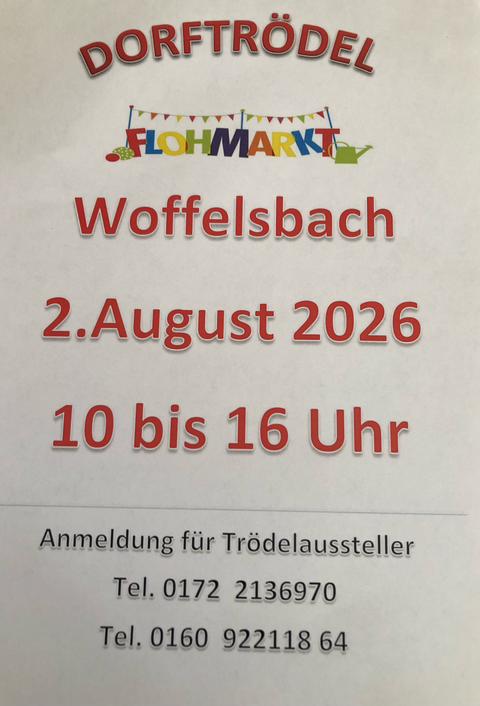 Ein Flyer für einen Flohmarkt in Woffelsbach am 2. August 2026. Der Markt findet von 10 bis 16 Uhr statt.