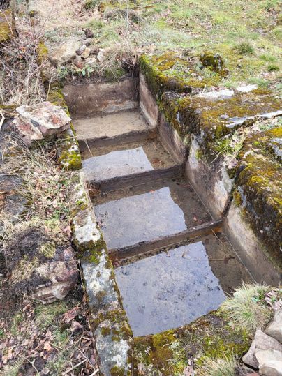 Eine alte steinerne Anlage mit drei Stufen, die teilweise mit Wasser gefüllt sind. Moos bedeckt die Ränder, umgeben von grünem Gras und Steinen.