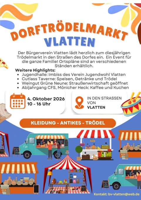 Een kleurrijke poster voor de dorpsrommelmarkt in Vlatten. Het toont kramen met kleding, antiek en rommel, evenals informatie over het evenement op 4 oktober 2026.