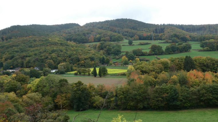 A picturesque landscape with gentle hills and colorful foliage. The meadows are green and the sky is cloudy.