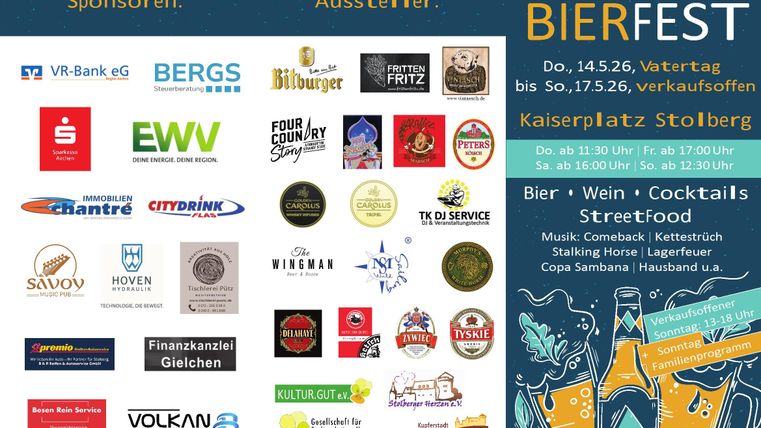 Ein Veranstaltungsplakat für das 3. Euregionale Bierfest in Stolberg. Es zeigt Sponsoren, Aussteller und die Öffnungszeiten des Festivals.