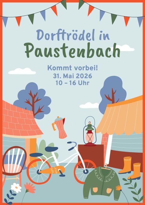 Une affiche colorée pour un vide-greniers dans le village de Paustenbach. Elle montre une scène confortable avec des vélos, une cafetière et des cabanes colorées.