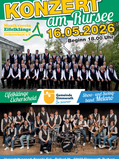 Ein Plakat für ein Konzert am Rursee. Es zeigt den Musikverein Eifelklänge und die Show- und Swingband Melano.