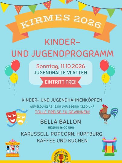 Een kleurrijk affiche voor de kermis 2026 met informatie over het kinder- en jongerenprogramma. Het toont kleurrijke ballonnen, een draaimolen en nodigt uit tot verschillende activiteiten.