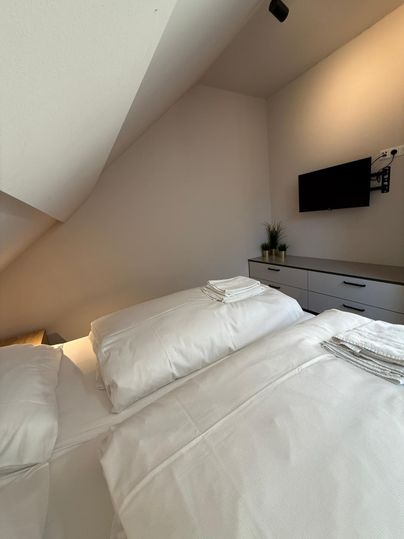 Une chambre confortable avec deux lits et du linge de lit frais. Un téléviseur est accroché au mur, et il y a une commode simple avec des plantes.
