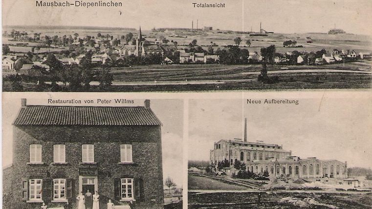 Eine historische Postkarte mit Ansichten von Mausbach-Diepenlinchen. Oben ist eine Gesamtansicht der Stadt, unten links das Restaurant von Peter Wilms und unten rechts eine neue Aufbereitung.