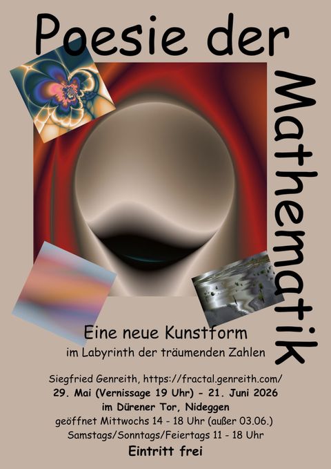 Ein Plakat für die Ausstellung "Poesie der Mathematik" mit abstrakten Kunstwerken. Es enthält Informationen zur Vernissage und Öffnungszeiten der Veranstaltung.