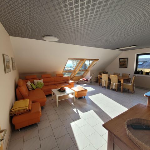 Ein helles Wohnzimmer mit orangefarbenem Sofa und Esstisch. Große Fenster lassen viel Licht herein.