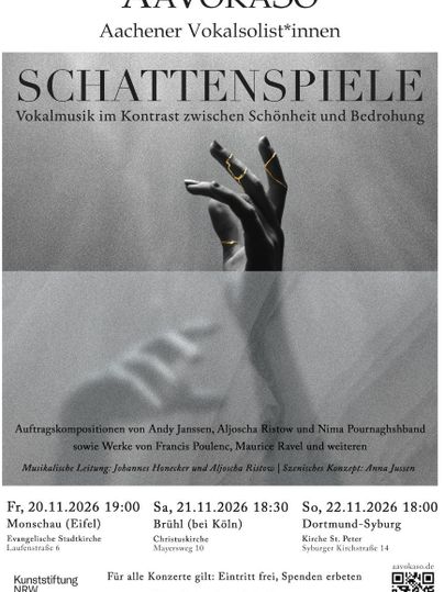 Ein Plakat für ein Musikereignis mit dem Titel "Schattenspiele". Es zeigt eine künstlerische Darstellung von Händen und kündigt verschiedene Konzerte an.