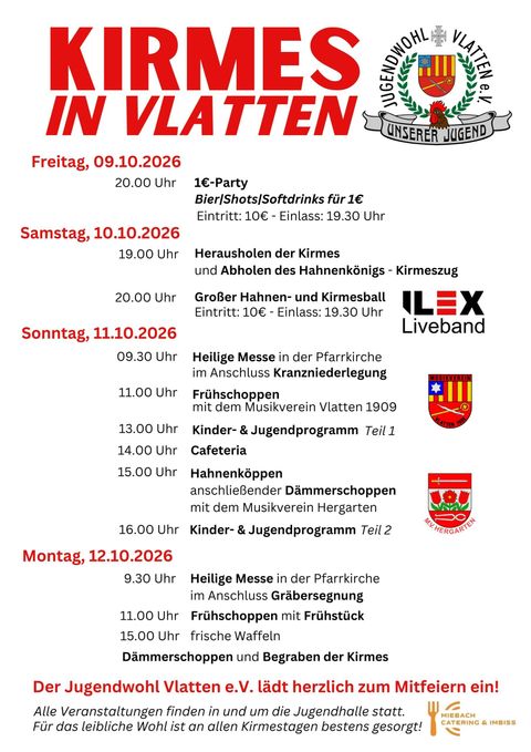 Een evenementposter voor de kermis in Vlatten. Het toont data en activiteiten van vrijdag tot en met maandag met verschillende programmapunten zoals feesten, kerkdiensten en kinderactiviteiten.