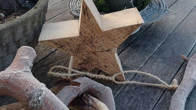 Ein dekorativer Holzstern liegt auf einem Holztisch neben mehreren Ästen und einem Pflanzgefäß mit grünen Pflanzen. Die Szene hat ein rustikales, gemütliches Ambiente.