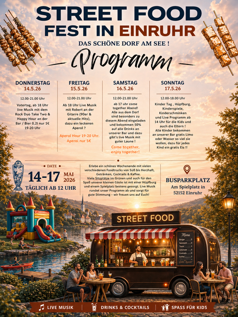 A poster for a street food festival in Einruhr from May 14 to May 17, 2026. It displays the event program with various activities, live music, and fun for children.