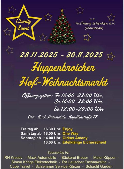 Ein Plakat für den Hoppenbroicher Hof-Weihnachtsmarkt. Es zeigt Termine, Öffnungszeiten und Veranstaltungen des Charity-Events.