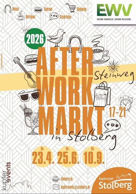 Ein Plakat für den After Work Markt in Stolberg. Es zeigt verschiedene Symbole für Essen, Getränke und Unterhaltung.