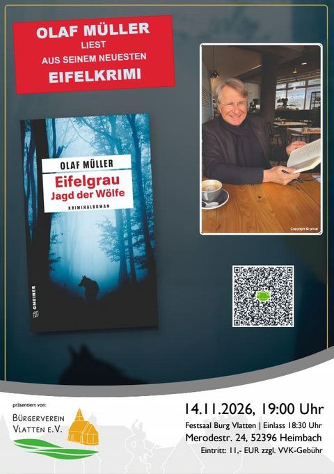 Ein Plakat für eine Lesung von Olaf Müller aus seinem neuen Eifelkrimi „Eifelgrau: Jagd der Wölfe“. Die Veranstaltung findet am 14. November 2026 in Heimbach statt.