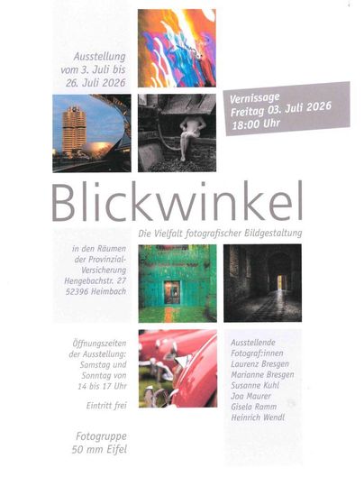 Eine Einladung zu einer Fotoausstellung mit dem Titel "Blickwinkel". Die Vernissage findet am 3. Juli 2026 in Hemmelsbach statt.
