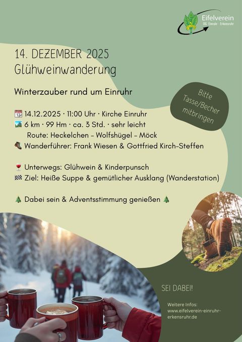 Ein gemütlicher Flyer für eine Winterwanderung mit Glühwein am 14. Dezember 2025. Die Veranstaltung umfasst eine einfache Route und gemütliches Beisammensein.