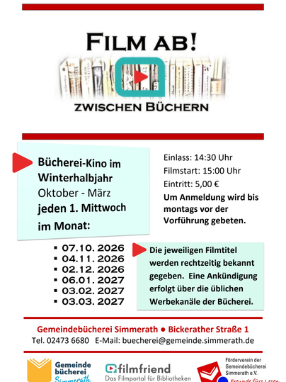 Ein Plakat für die Bücherei-Kino-Veranstaltung mit Informationen zu Terminen, Eintrittspreisen und Kontaktdaten. Es zeigt das Programm für Filmvorführungen zwischen Oktober und März.