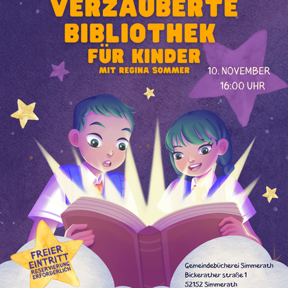 Une graphique coloré pour un événement à la bibliothèque. Deux enfants lisent un livre et il y a des étoiles et des éléments magiques en arrière-plan.