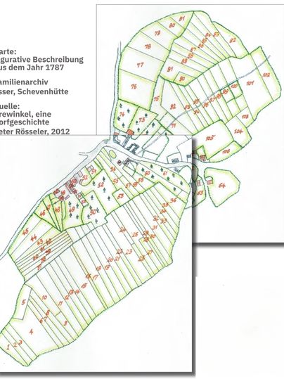 Eine historische Karte aus dem Jahr 1787 zeigt landwirtschaftlich genutzte Flächen und Grundstücke. Die Karte enthält verschiedene Nummerierungen und Legenden zur besseren Orientierung.
