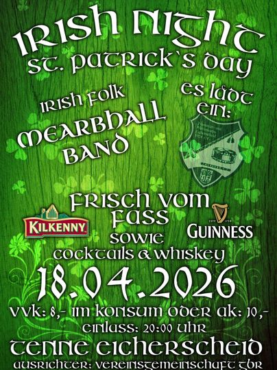 Ein Plakat für eine irische Nacht zum St. Patrick's Day. Es zeigt Details zu einer Veranstaltung mit einer Folkband, Getränken und dem Datum.