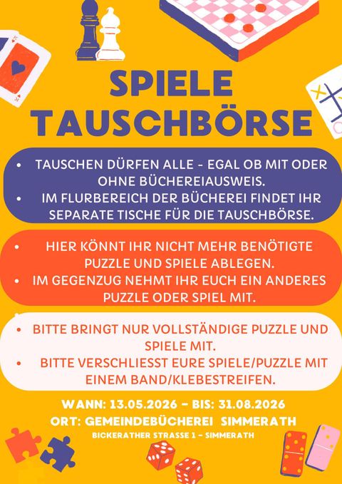 A colorful poster for a game exchange event at the Simmerath Community Library. It includes information about the event dates and conditions for exchanging games and puzzles.