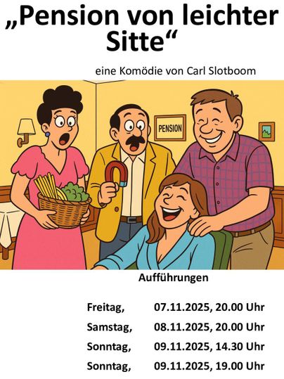 Ein Theaterplakat für die Komödie „Pension von leichter Sitte“. Es zeigt eine fröhliche Szene mit mehreren Personen in einem Gasthaus.