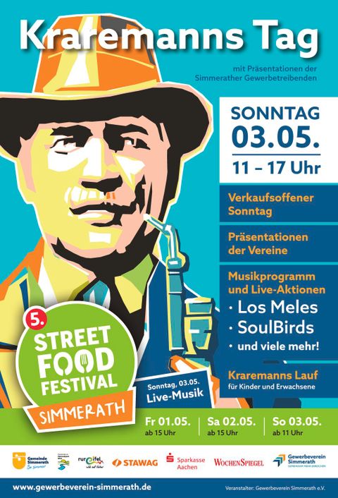Ein buntes Plakat für den Kramermannstag mit Informationen zu Veranstaltungen. Darauf ist eine stilisierte Figur mit Hut und einer Zigarre abgebildet.