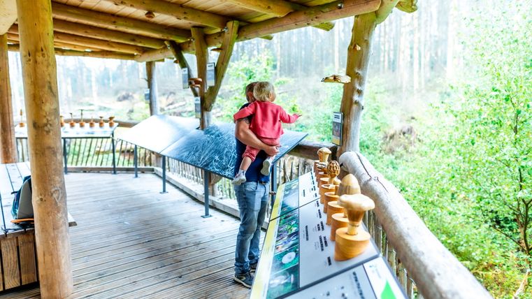 Ein Mann mit Kleinkind auf dem Arm steht auf einer Plattform mit verschiedenen Tastgegenständen aus Holz  
