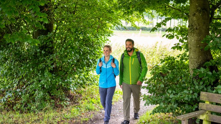 Two hikers with backpacks are walking along a narrow forest path beneath a dense, green canopy of leaves. To the right is a wooden bench; in the background, the view opens up into the bright light.