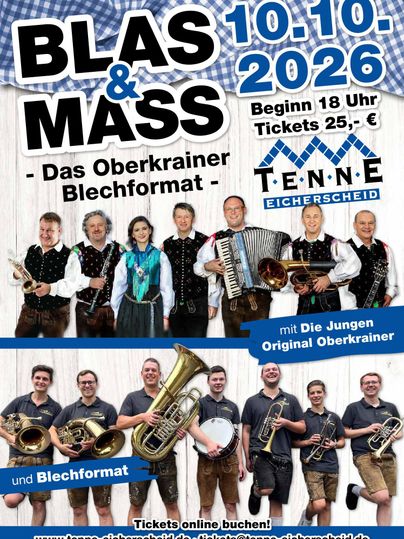 Ein Plakat für die Veranstaltung "Blas & Mass" mit Informationen über das Oberkrainer Blechformat. Es zeigt die auftretenden Musiker und enthält Datum, Uhrzeit und Ticketpreise.