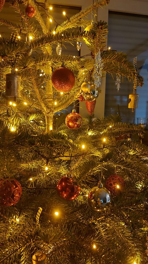 Ein geschmückter Weihnachtsbaum mit bunten Kugeln und Lichtern. Die goldenen Lichter sorgen für eine festliche Atmosphäre.