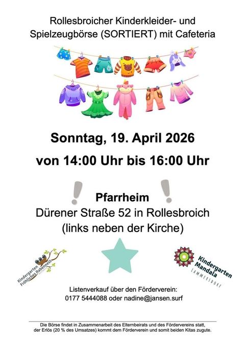 Ein Plakat für eine Kinderkleider- und Spielzeugbörse mit Informationen zu Adresse und Zeitpunkt. Bunte Kleidung und Spielsachen sind an einer Wäscheleine abgebildet.