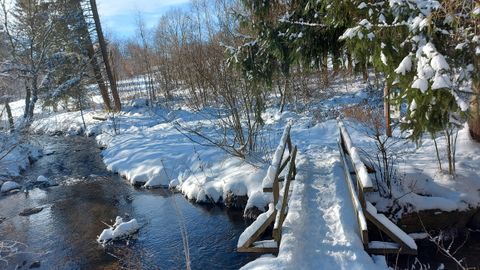 Eine verschneite Landschaft mit einem kleinen Bach und einem Holzsteg. Bäume und Sträucher sind mit Schnee bedeckt, während die Sonne scheint.