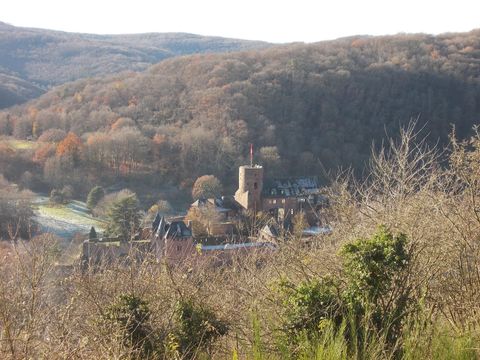 Eine malerische Ansicht einer alten Burg, umgeben von sanften Hügeln und herbstlichen Bäumen. Die Architektur der Burg kontrastiert schön mit der natürlichen Umgebung.
