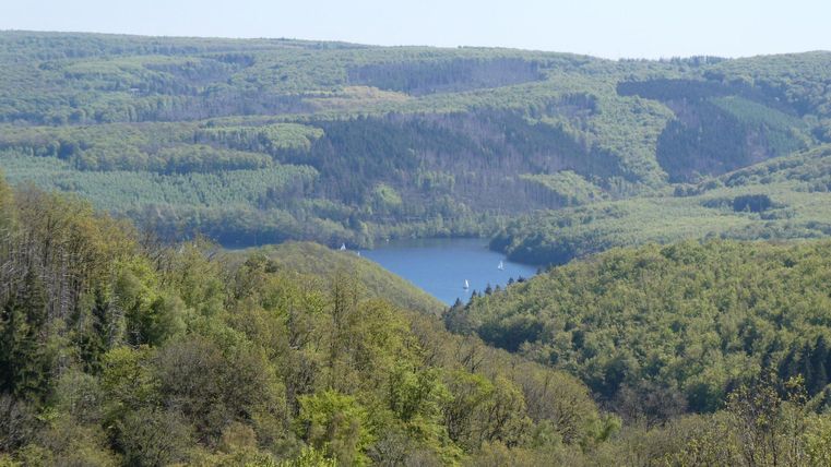 Eine malerische Landschaft mit sanften Hügeln und einem klaren See in der Mitte. Die umliegenden Wälder sind grün und üppig.