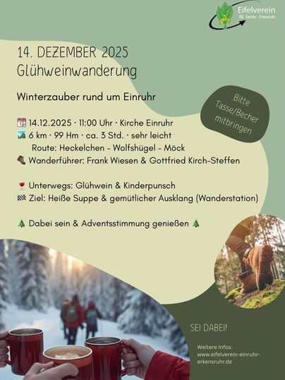 Ein gemütlicher Flyer für eine Winterwanderung mit Glühwein am 14. Dezember 2025. Die Veranstaltung umfasst eine einfache Route und gemütliches Beisammensein.