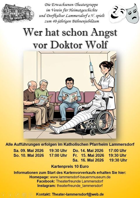Ein Theaterplakat für die Aufführung "Wer hat schon Angst vor Doktor Wolf". Es zeigt eine humorvolle Szene mit verschiedenen Charakteren in einem Warteraum.