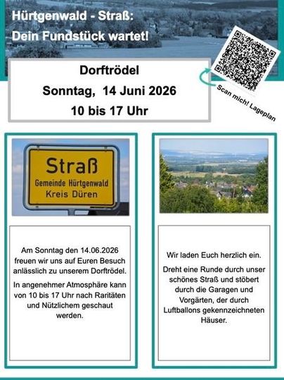Een flyer voor een dorpsfeest in Hü r tgenwald, die informatie bevat over datum, tijd en activiteiten. Het toont ook een uitzicht op de omgeving en een bord met de plaatsnaam.