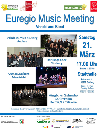 Ein Plakat für das Euregio Music Meeting. Es zeigt verschiedene Musikgruppen und Informationen zur Veranstaltung, die am 21. März in der Stadthalle Stolberg stattfindet.